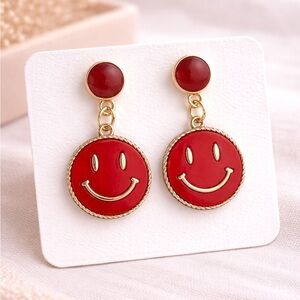 Red Smiley Face Drop Earrings | Retro Emoji Statement Earrings